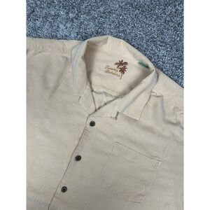 Tommy Bahama Shirt Mens XL Beige Silk Camp Button‎ Up Casual Palm Leaf Pocket